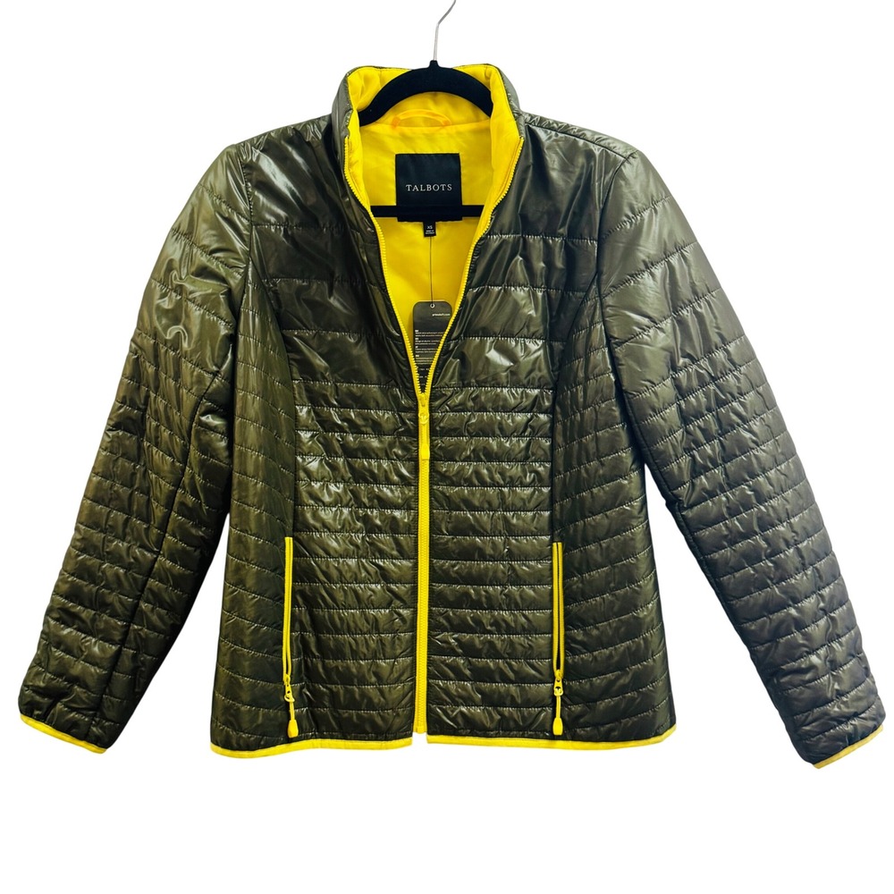 NWT Talbots Womens XS Olive Green Primaloft Puffer Jacket Yellow‎ Lining 286973